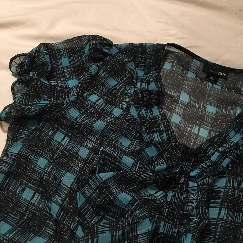 🐞 Sheer Plaid Work Blouse With Ruffle Detail - Picture 3 of 6